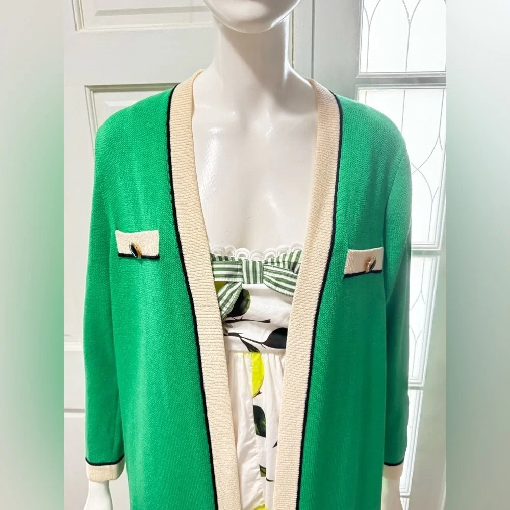 St. John Collection Long Green/Black Gold Buttons Open Front Cardigan Sz L P-38